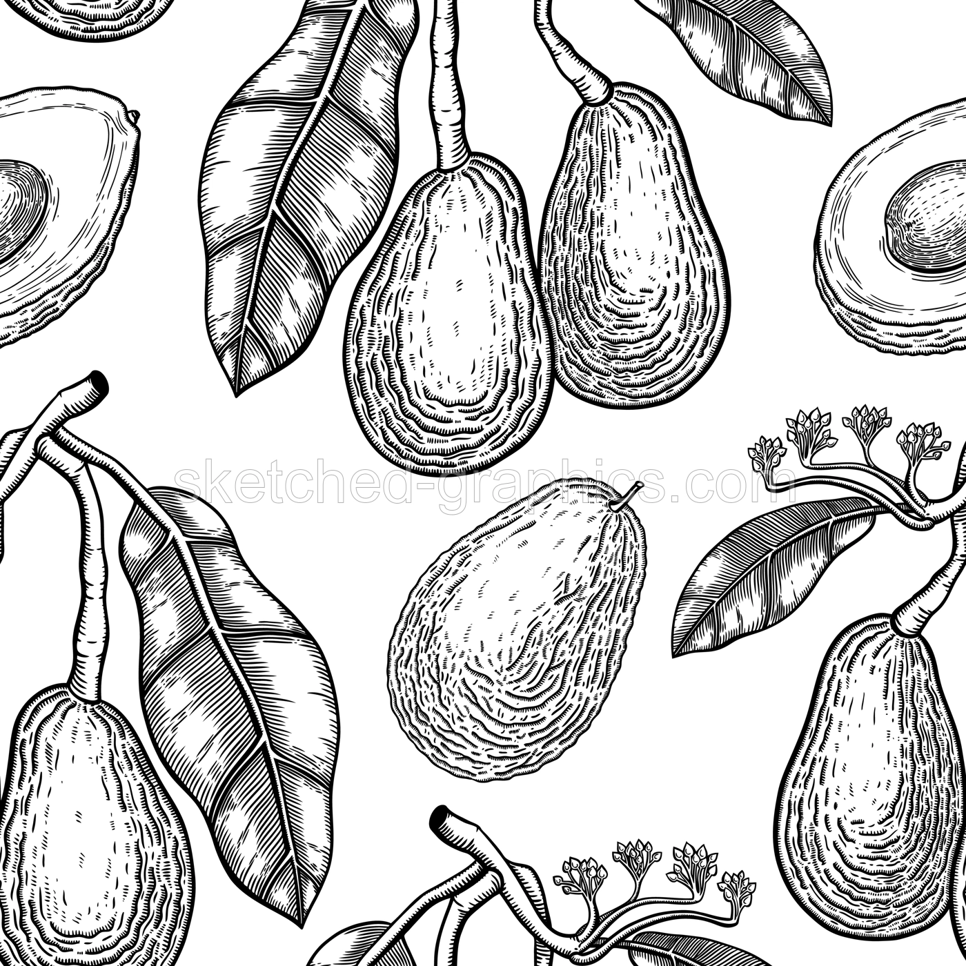 Hand drawn avocado background design. Vintage fruit branches, flowers, whole avocado, cut half piece sketches. Seamless healthy food pattern. Vector plant illustration for textile, packaging, print.  Illustration